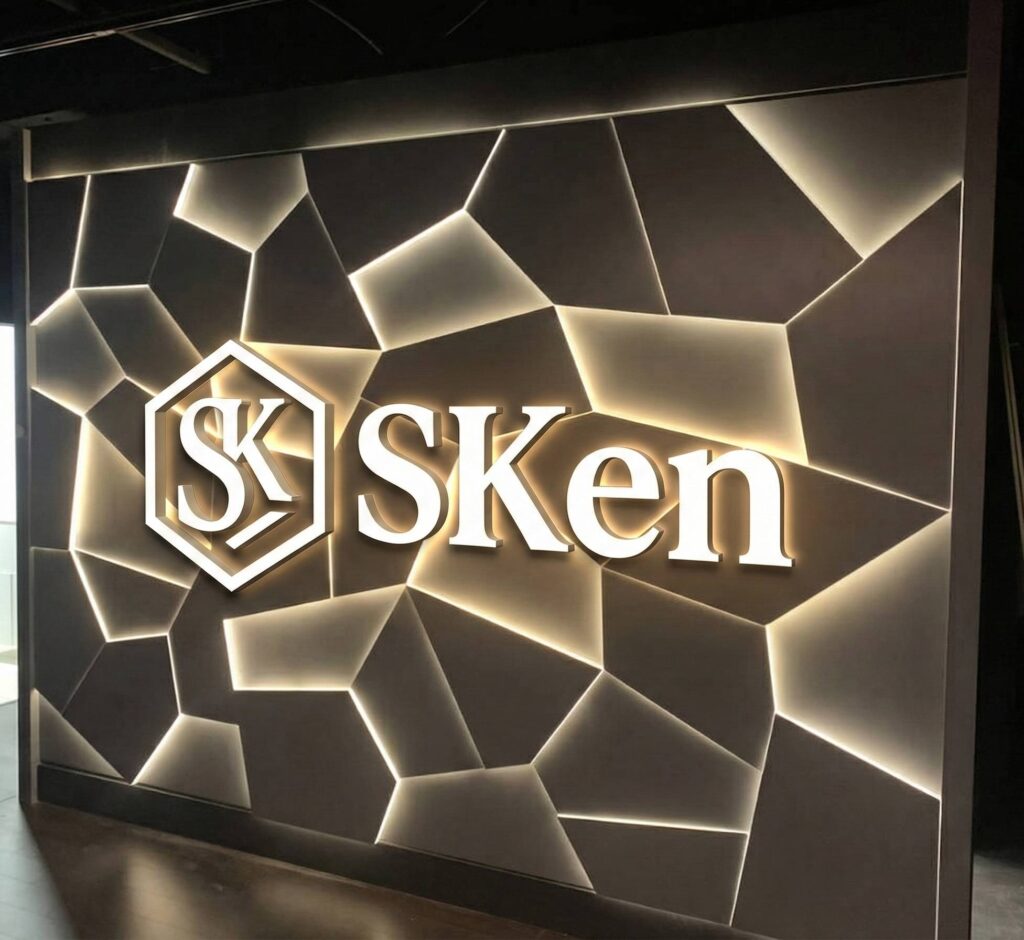 SKen logo mounted on illuminated geometric feature wall in modern interior.